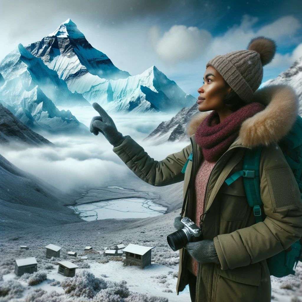 someone gazing at Mount Everest, a hologram projection